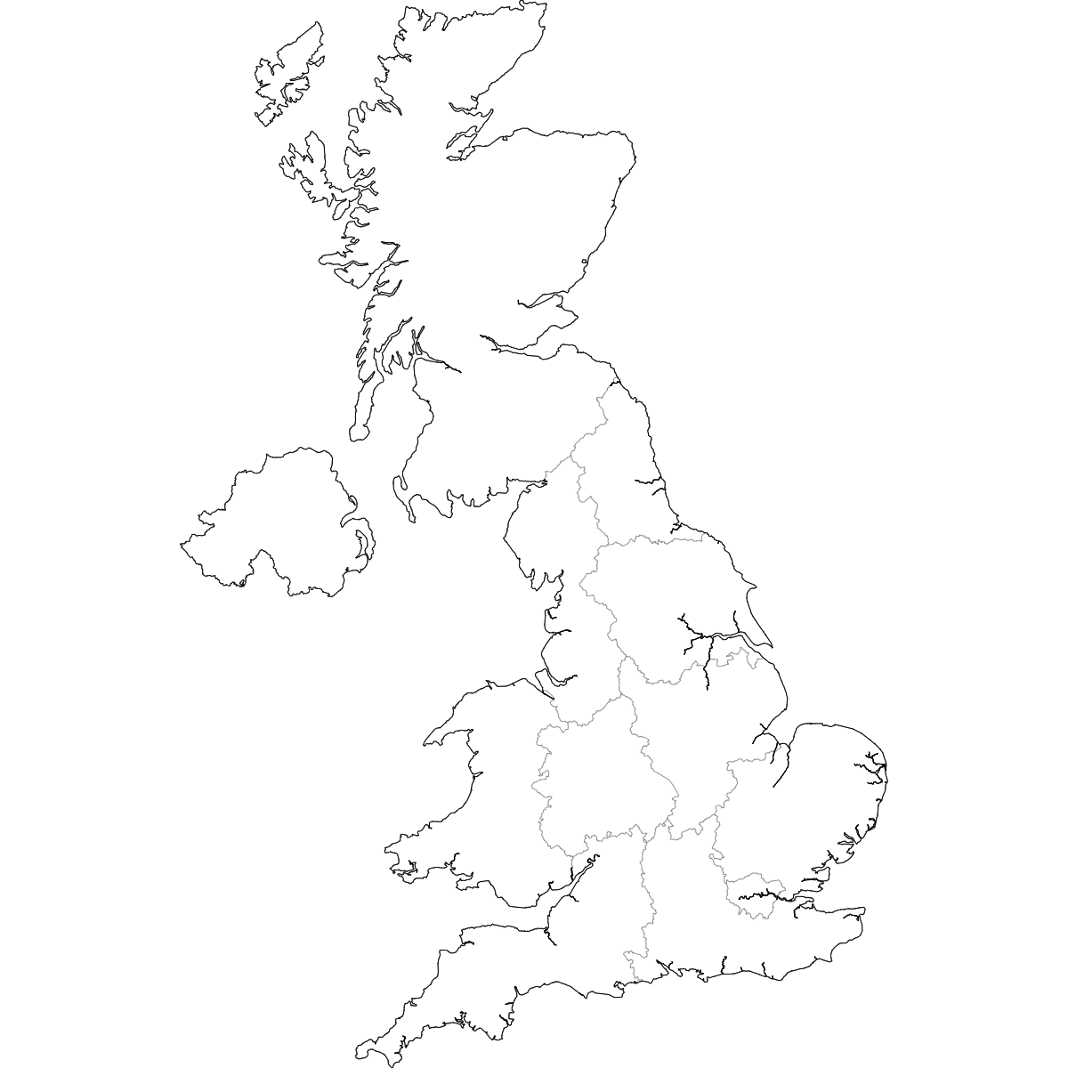Outlined Map of United Kingdom Regions