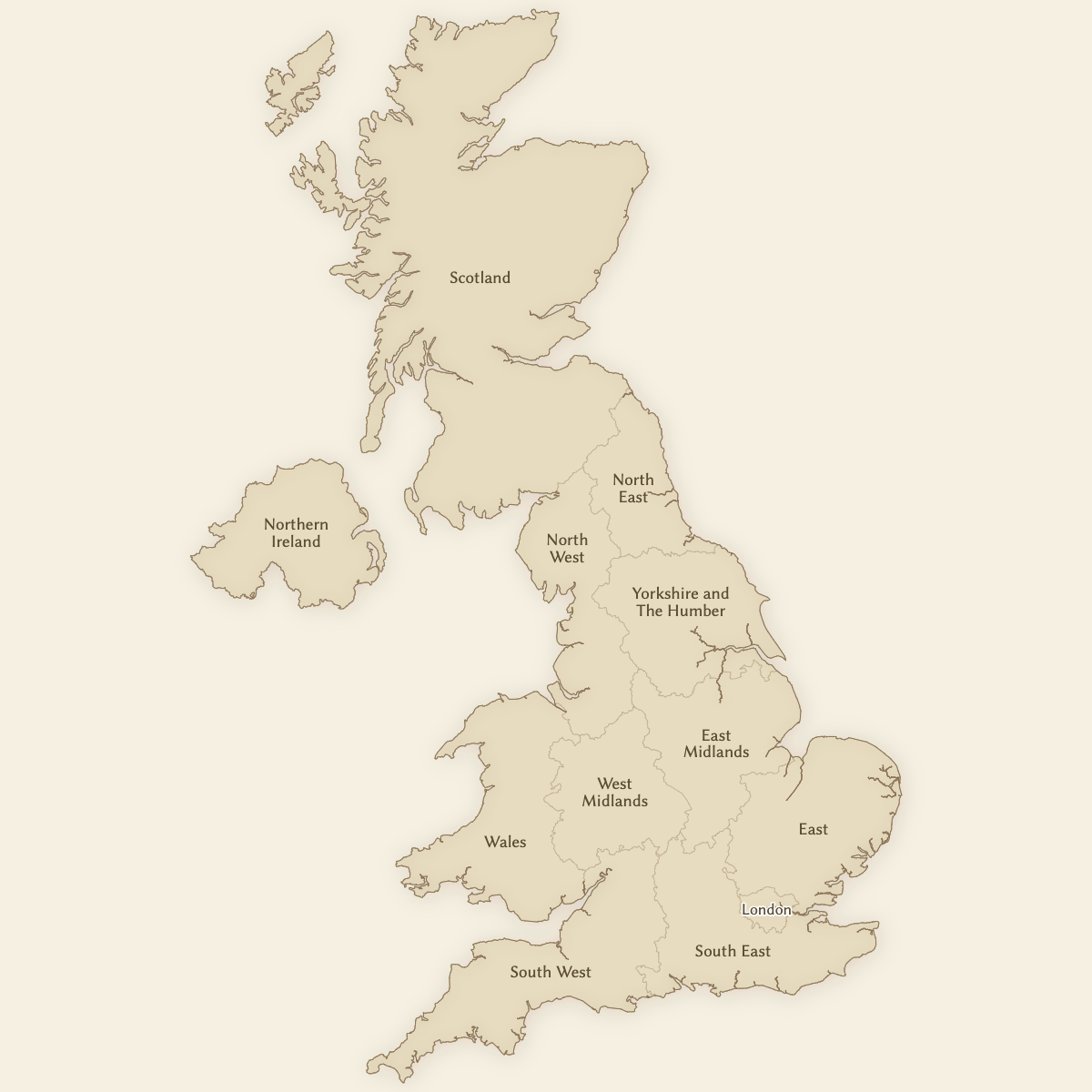 Styled Map of United Kingdom Regions (Vintage Theme)