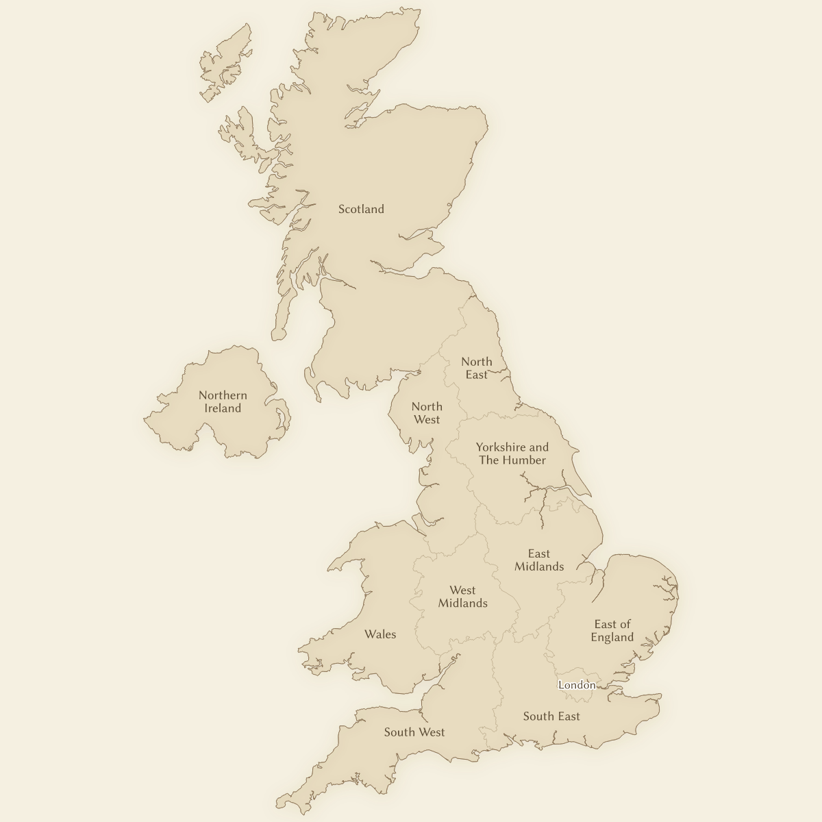 Vintage styled map of the United Kingdom with ITL1 (NUTS1) Regions