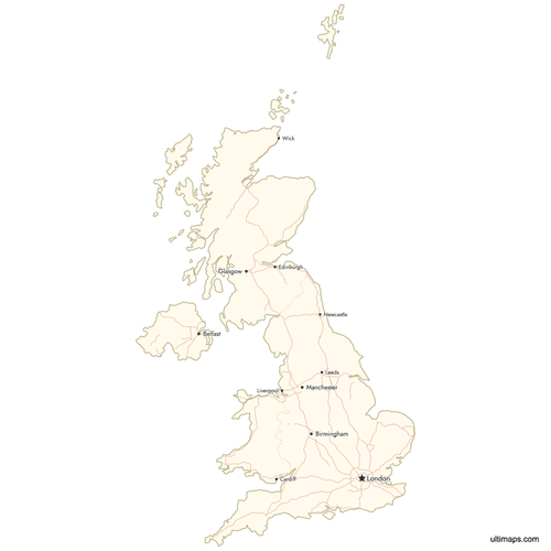 Preview of Map of United Kingdom Countries with Cities