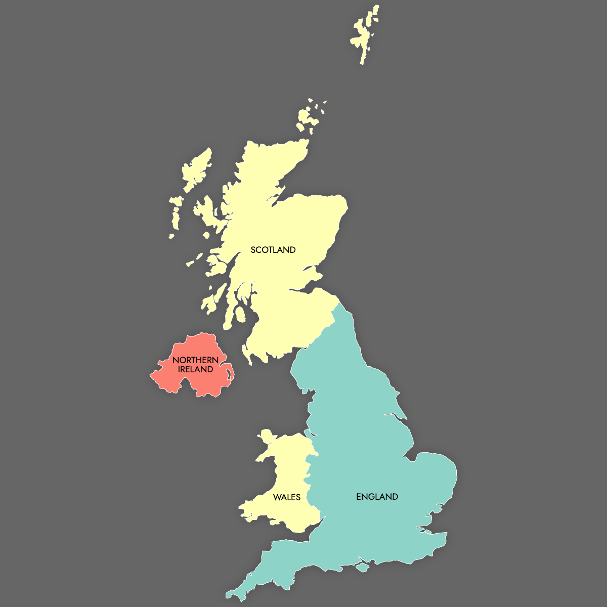 Custom Map of United Kindgdom Countries with Labels (Dark Theme)