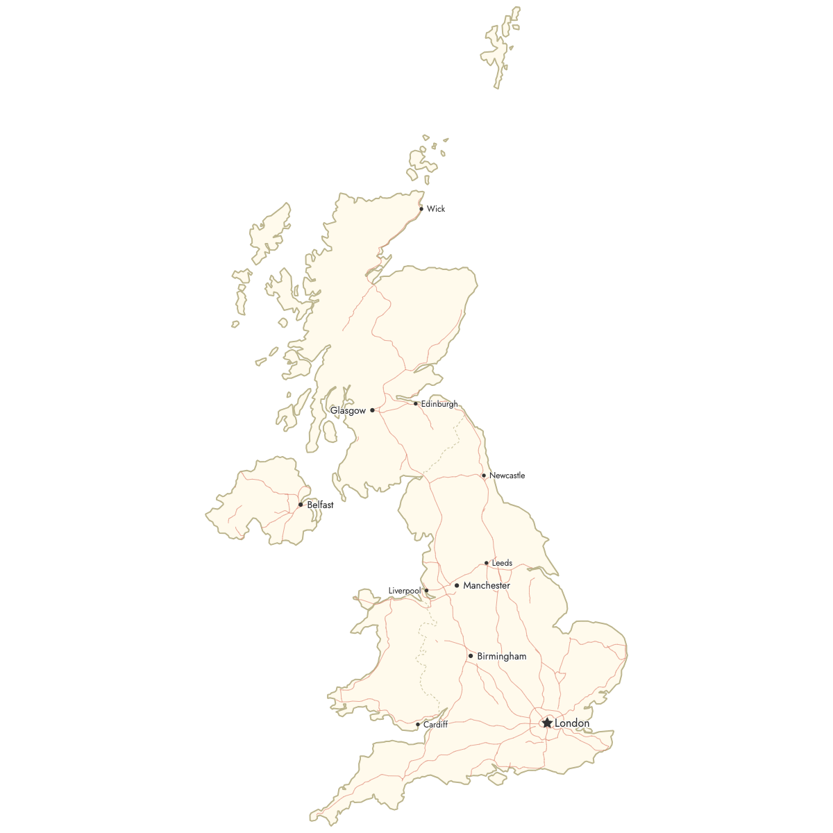 Custom Map of United Kingdom Countries with Cities