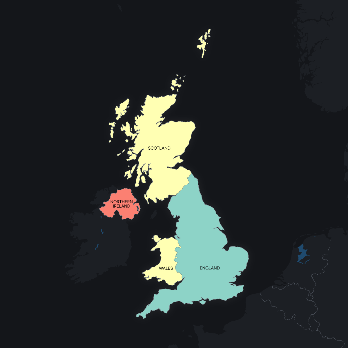 Dark themed map of the United Kingdom with Countries