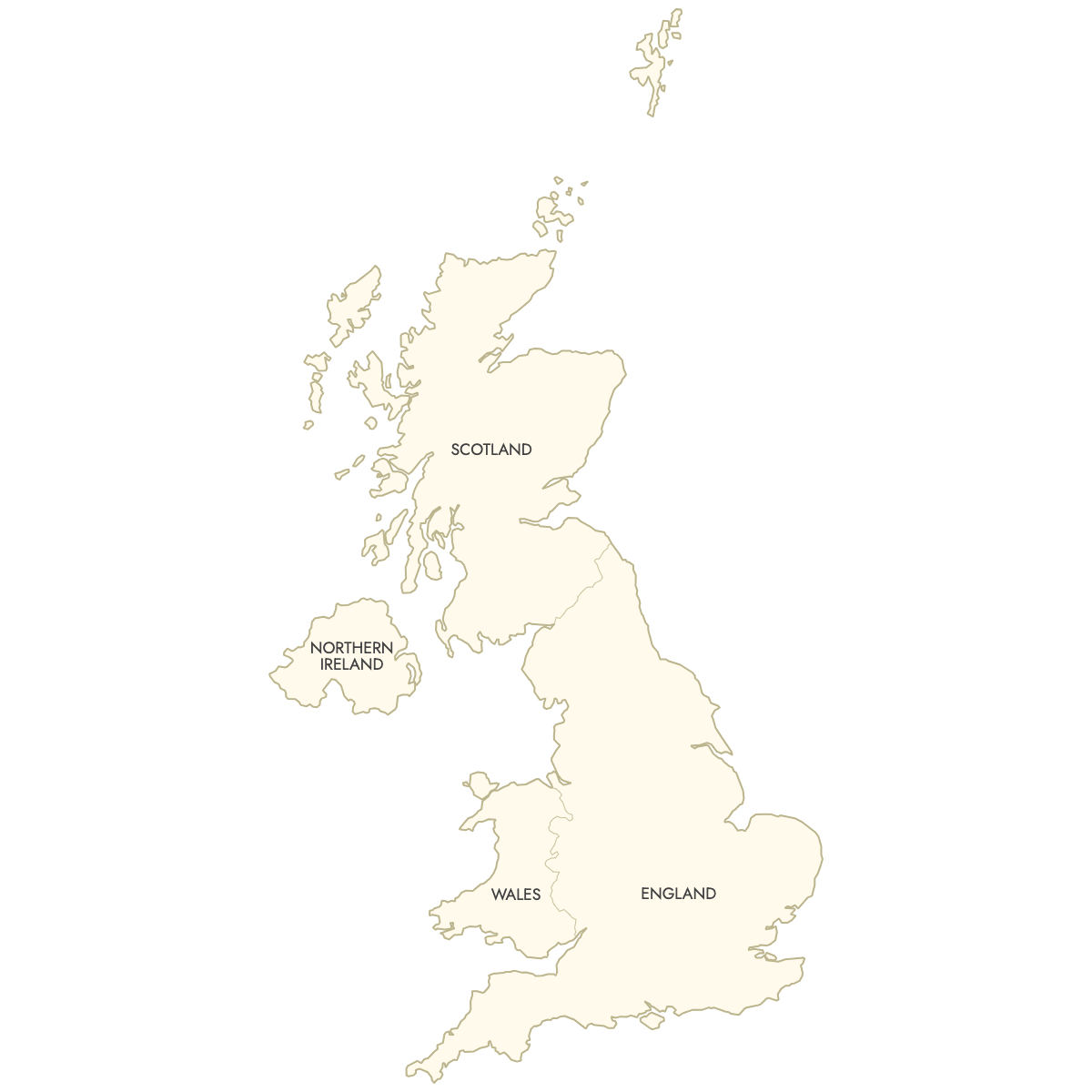 Unstyled Map of United Kindgdom Countries With Labels