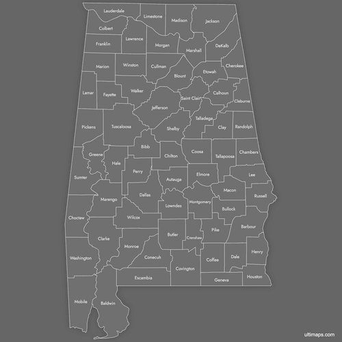 Preview of Labeled Map of Alabama Counties (Dark)