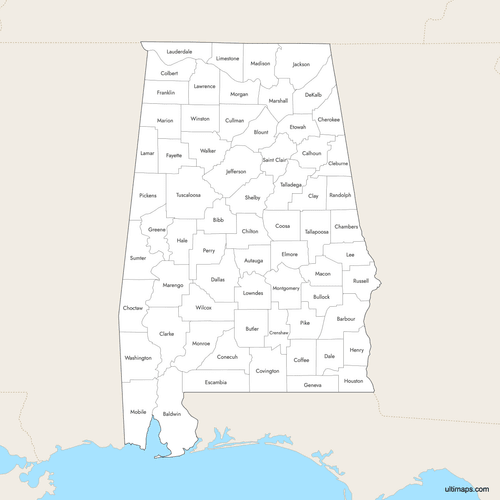 Preview of Labeled Map of Alabama Counties with Surrounding Areas