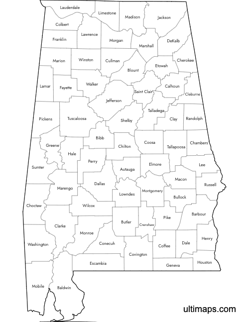 Preview of Labeled Map of Alabama Counties (Letter)