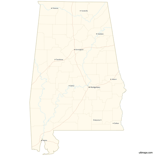 Preview of Map of Alabama Counties with Cities