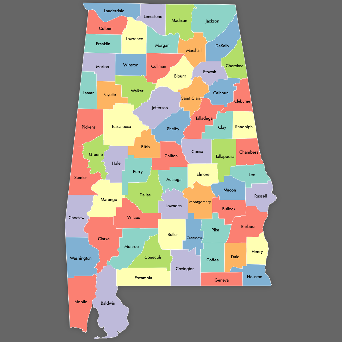 Custom Map of Alabama Counties with Labels (Dark Theme)