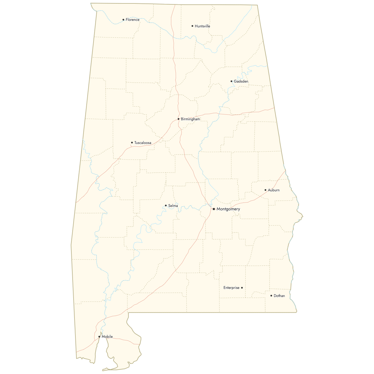 Custom Map of Alabama Counties with Cities
