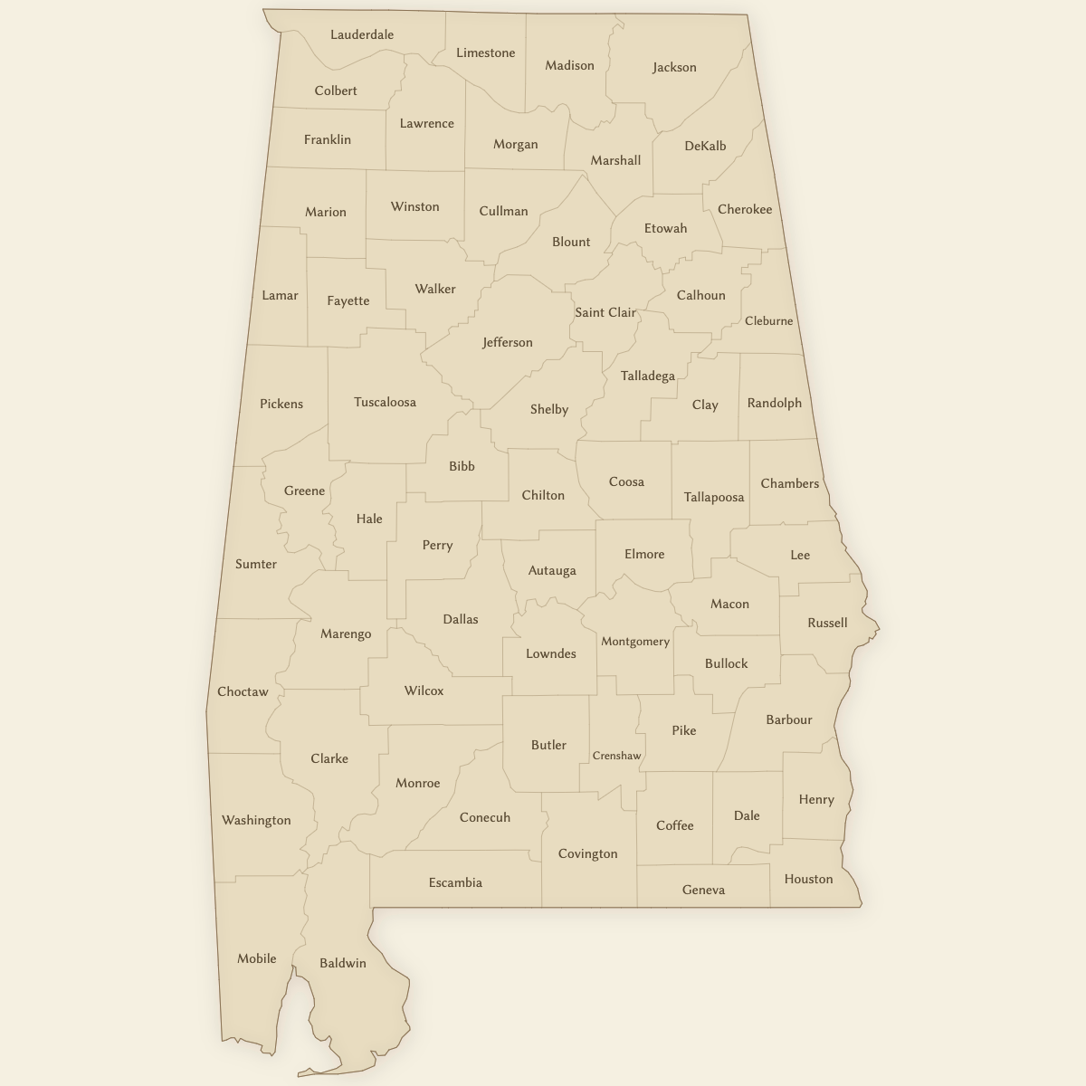 Styled Map of Alabama Counties (Vintage Theme)