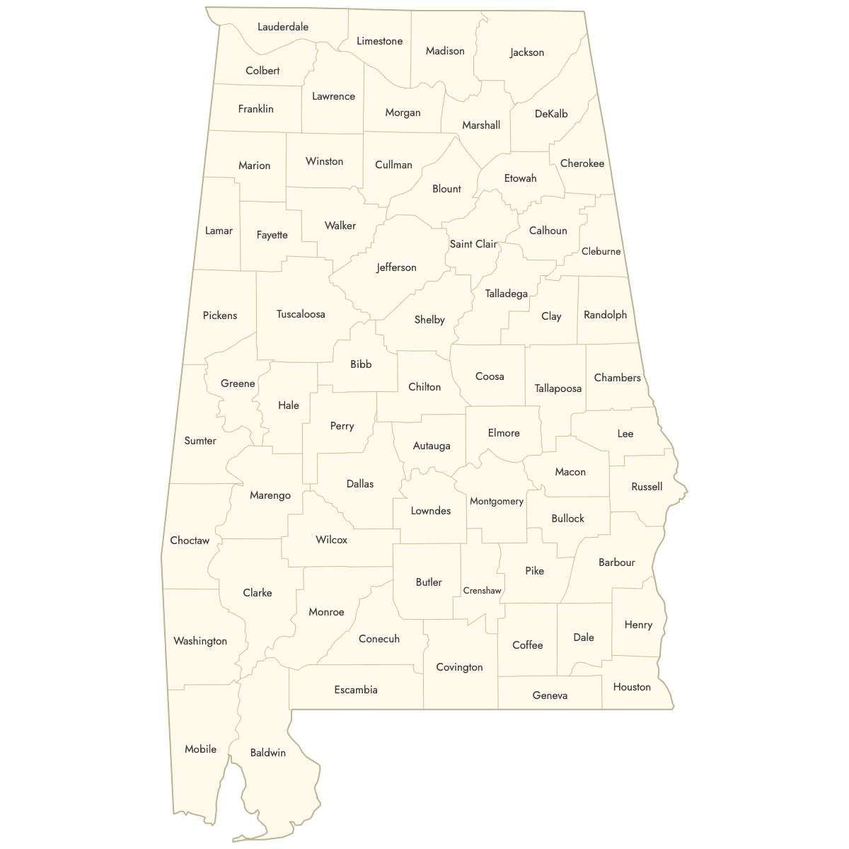 Unstyled Map of Alabama Counties With Labels
