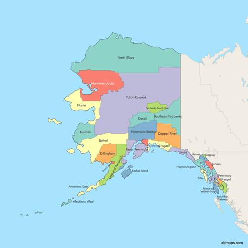 Preview of Colored Map of Alaska with Surrounding Areas