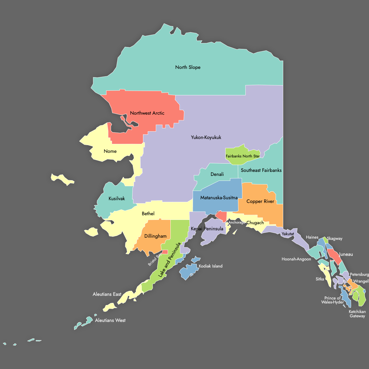 Custom Map of Alaska Counties with Labels (Dark Theme)