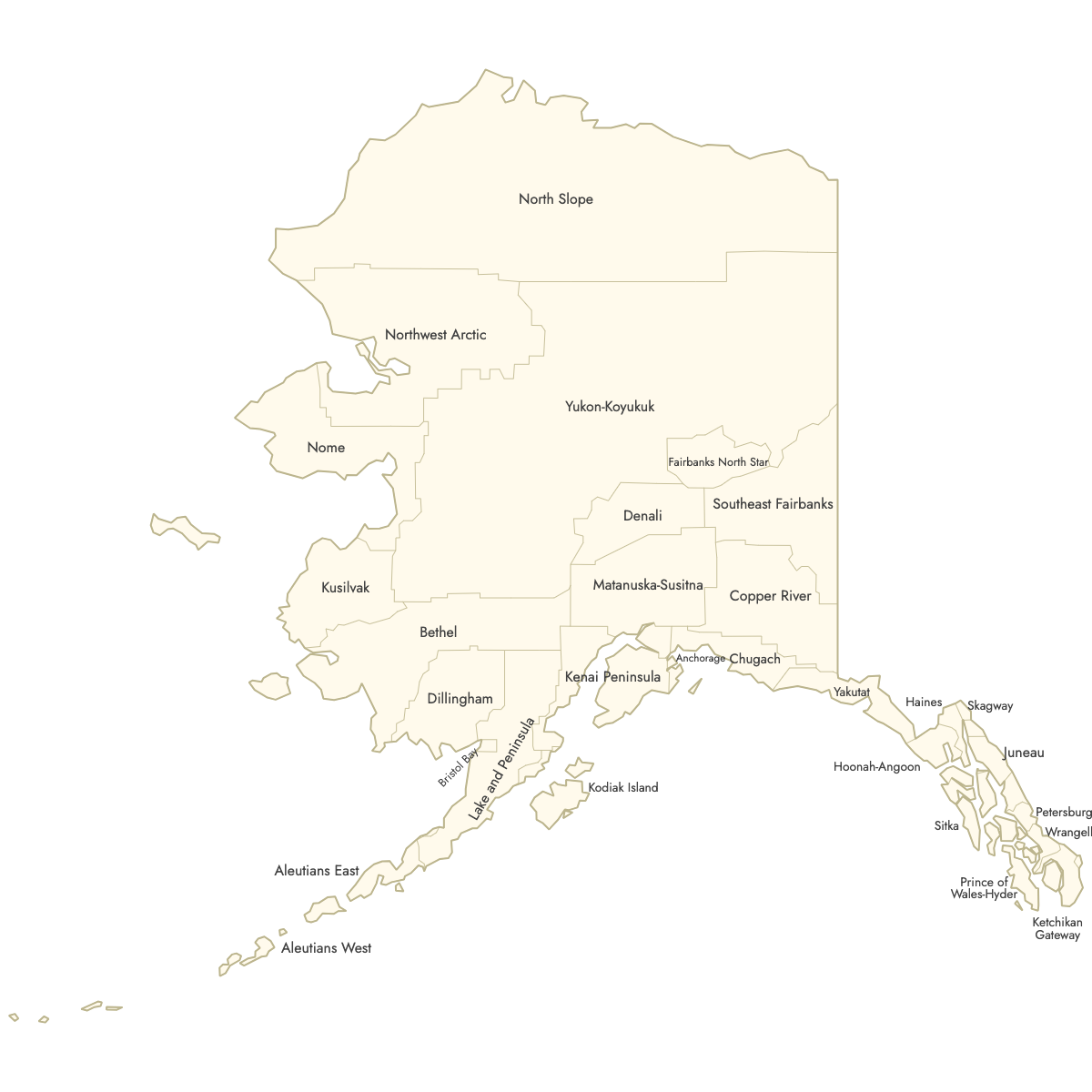 Unstyled Map of Alaska Counties With Labels