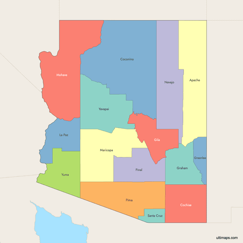 Preview of Colored Map of Arizona Counties with Surrounding Areas