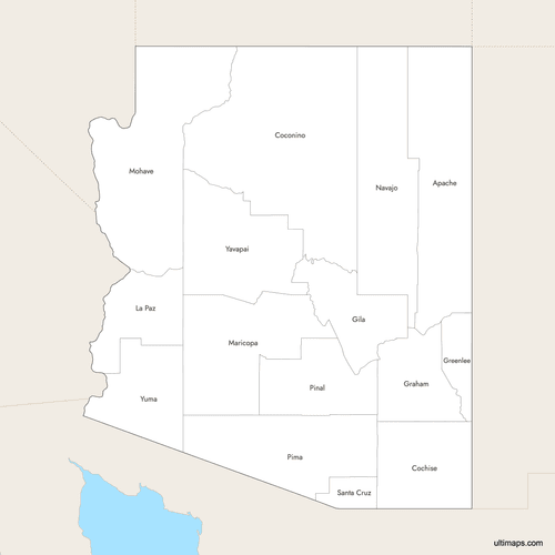 Preview of Labeled Map of Arizona Counties with Surrounding Areas