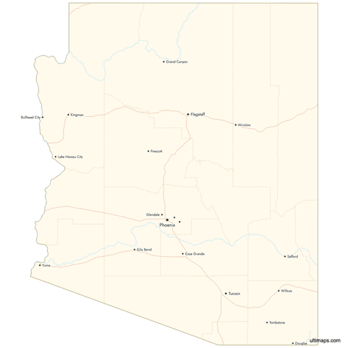 Preview of Map of Arizona Counties with Cities