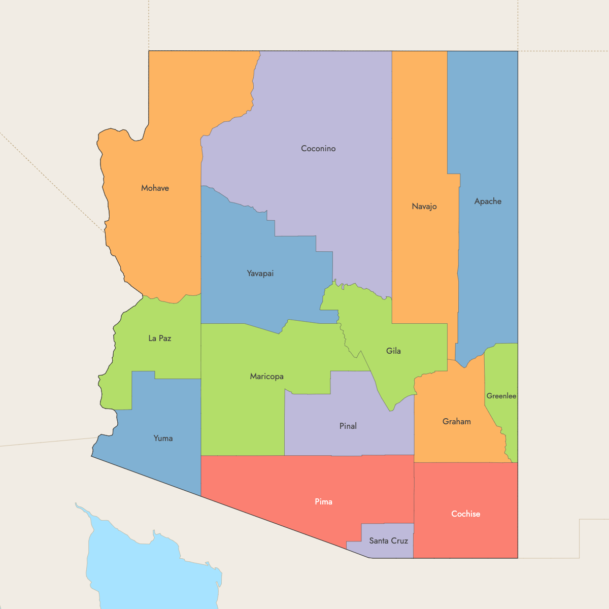 Map of Arizona Counties with surrounding areas