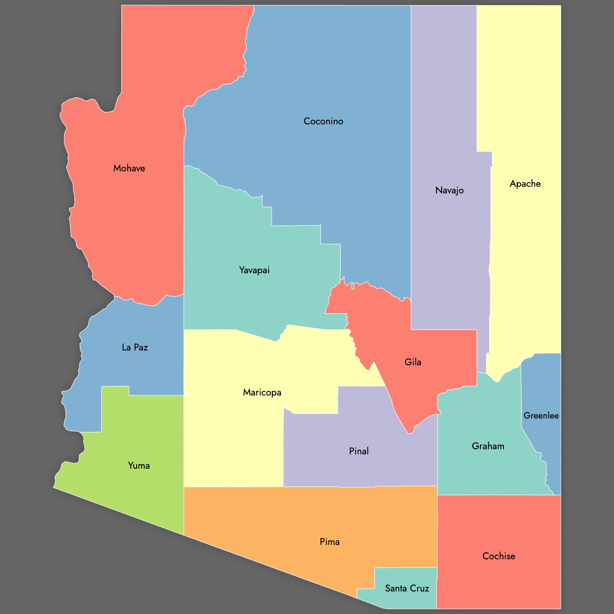 Custom Map of Arizona Counties with Labels (Dark Theme)