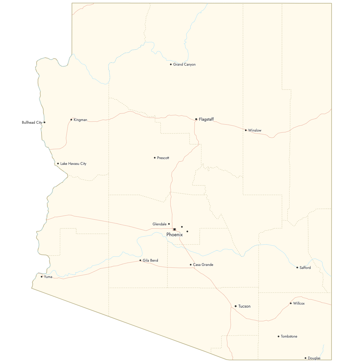 Custom Map of Arizona Counties with Cities