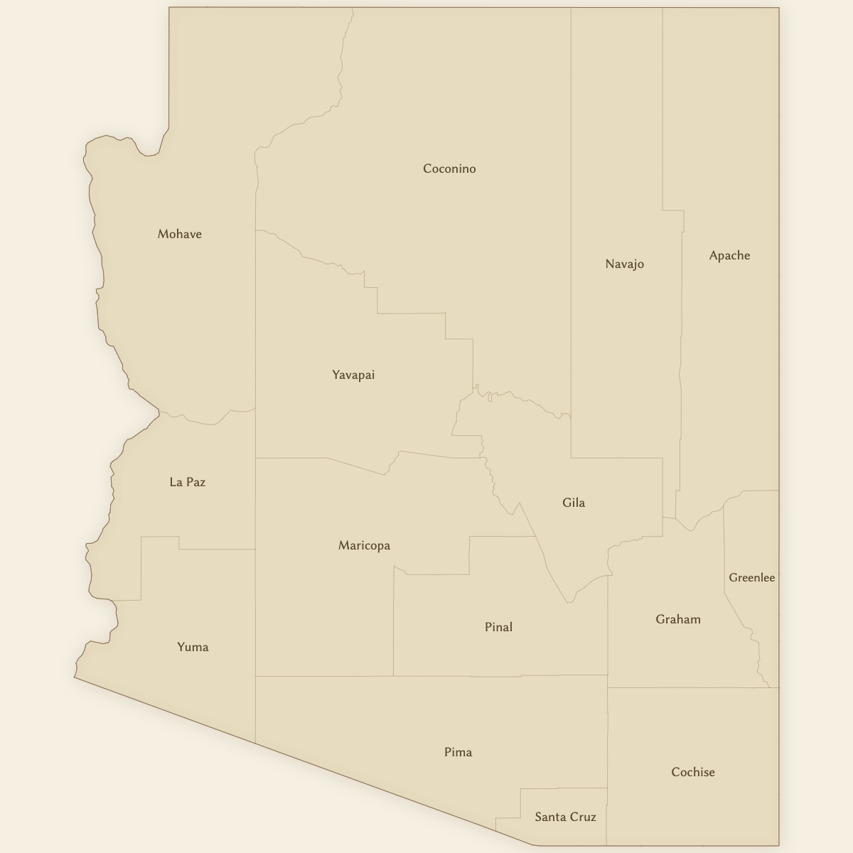 Styled Map of Arizona Counties (Vintage Theme)