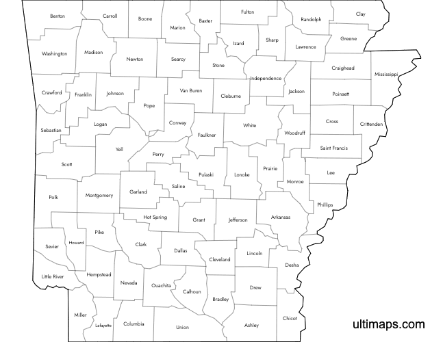 Preview of Labeled Map of Arkansas Counties (A4)