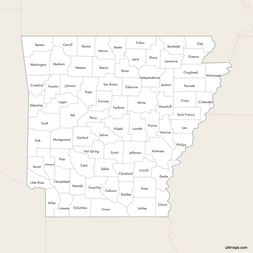 Preview of Labeled Map of Arkansas Counties with Surrounding Areas