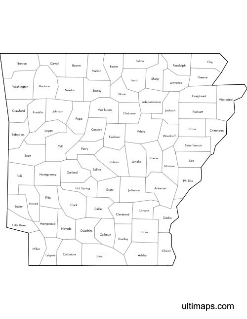Preview of Labeled Map of Arkansas Counties (Letter)