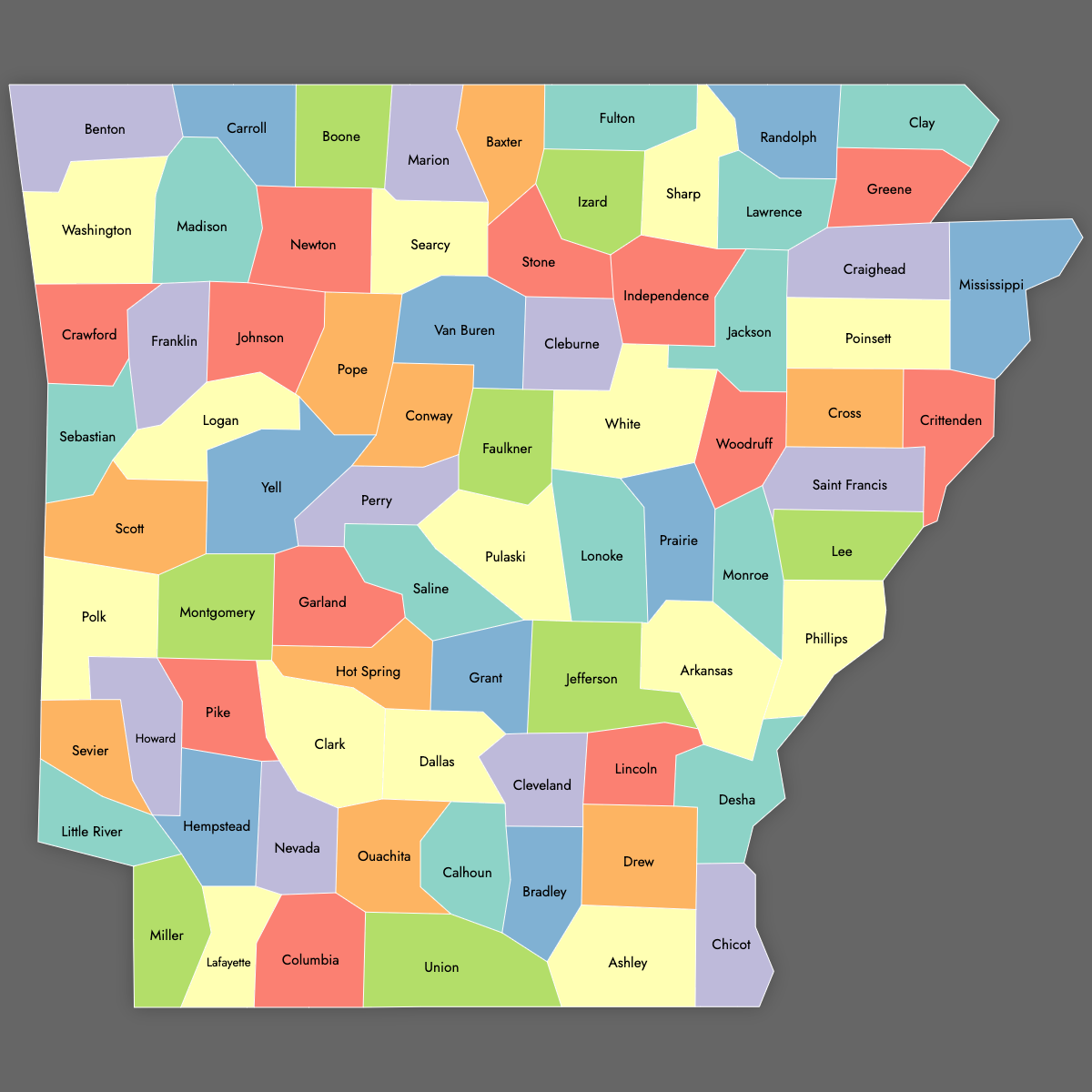 Custom Map of Arkansas Counties with Labels (Dark Theme)