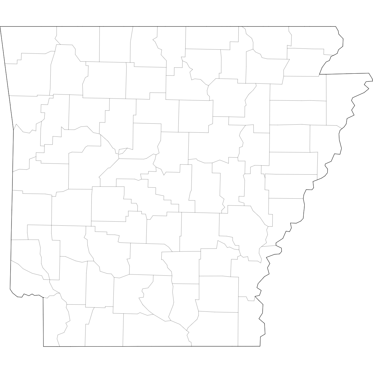 Blank outline map of Arkansas showing county borders