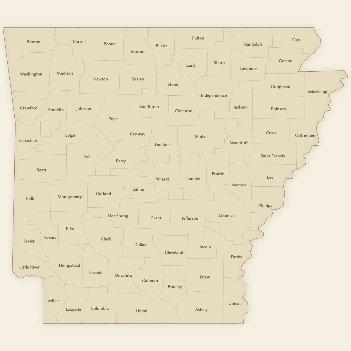 Styled Map of Arkansas Counties (Vintage Theme)