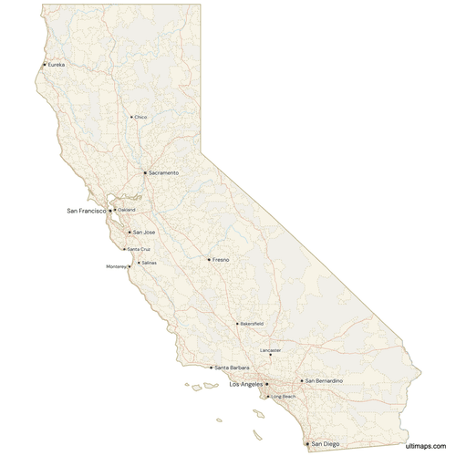 Preview of Map of California with Cities and Roads