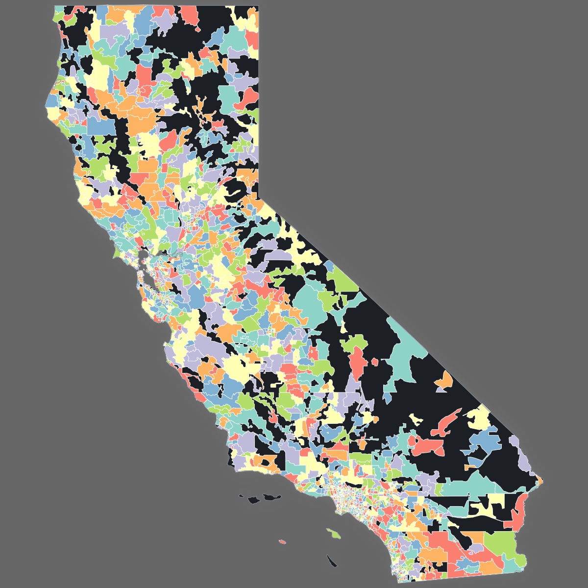Dark themed map of California with ZIP Codes