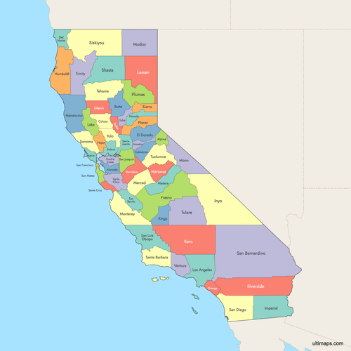 Preview of Colored Map of California Counties with Surrounding Areas