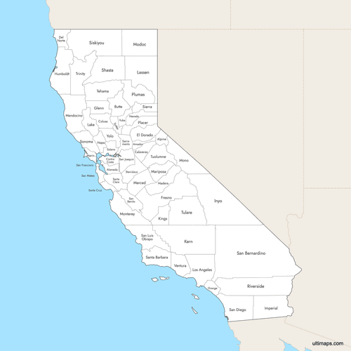 Preview of Labeled Map of California Counties with Surrounding Areas