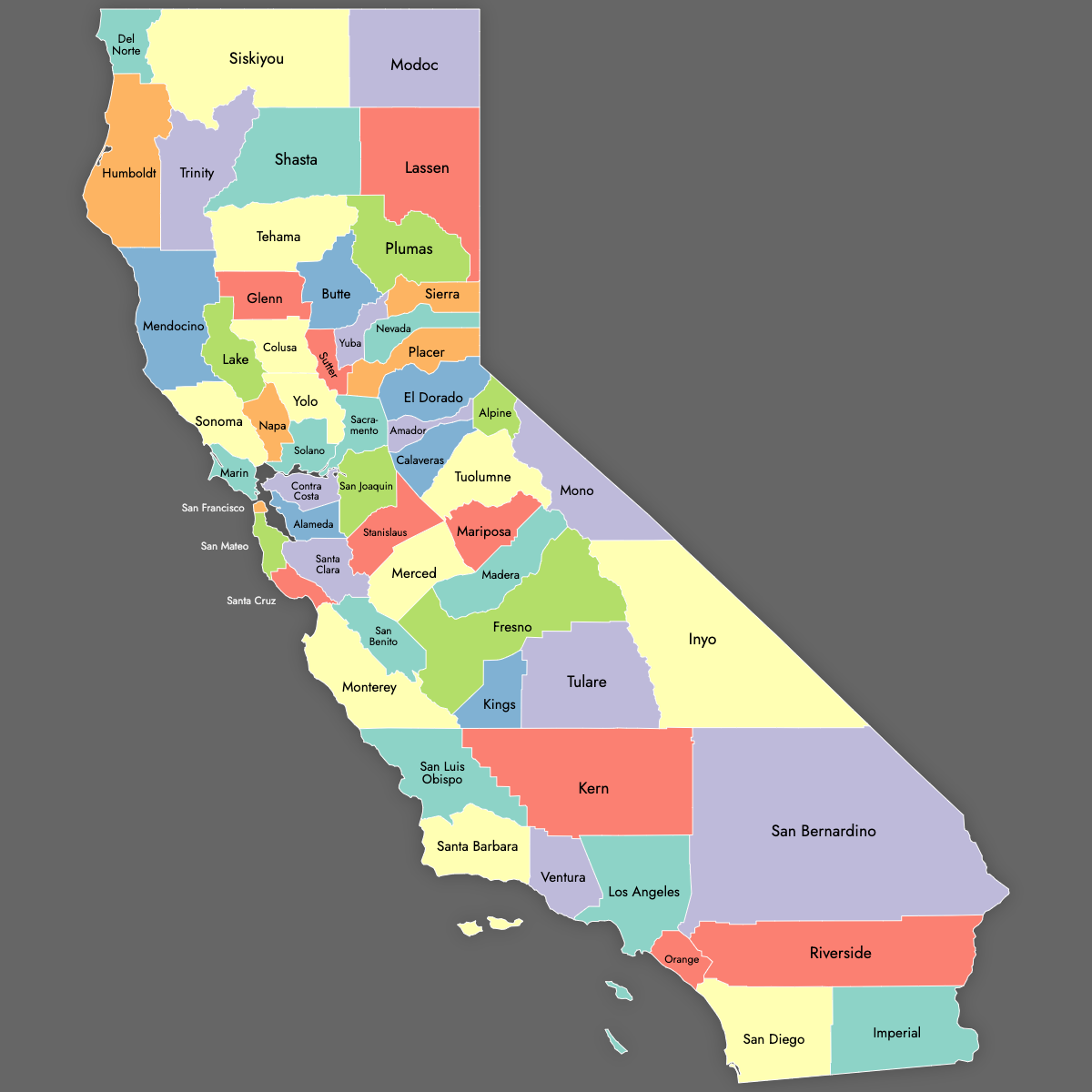 Custom Map of California Counties with Labels (Dark Theme)