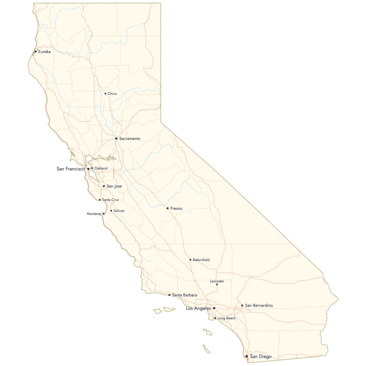Custom Map of California Counties with Cities
