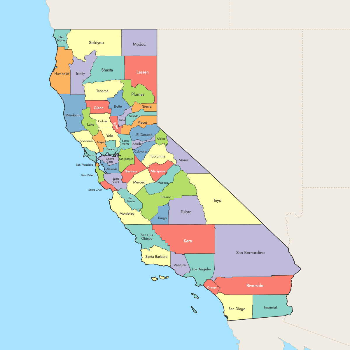 Custom Map of California Counties with Surrounding Areas