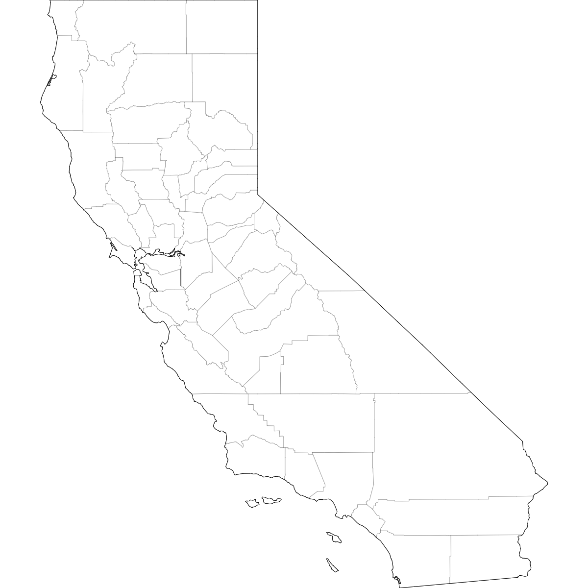 Blank outline map of California showing county borders