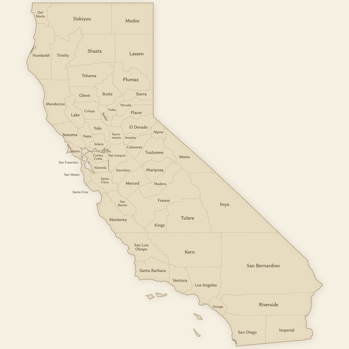 Styled Map of California Counties (Vintage Theme)
