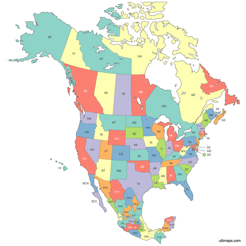 Preview of Labeled Map of Canada, USA and Mexico