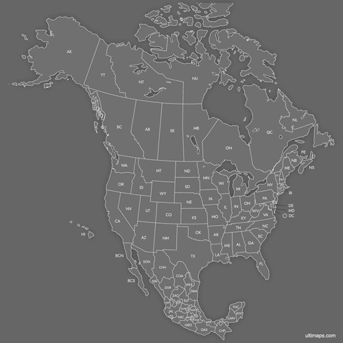 Preview of Labeled Map of Canada, USA and Mexico (Dark)