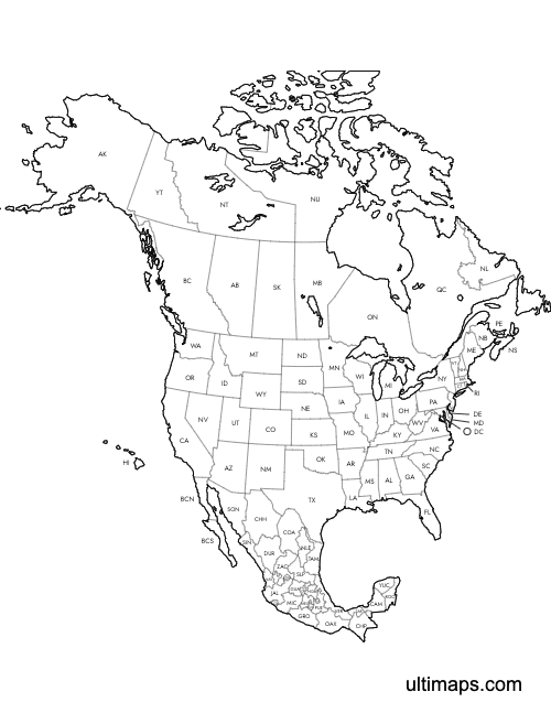 Preview of Labeled Map of Canada, USA and Mexico (Letter)