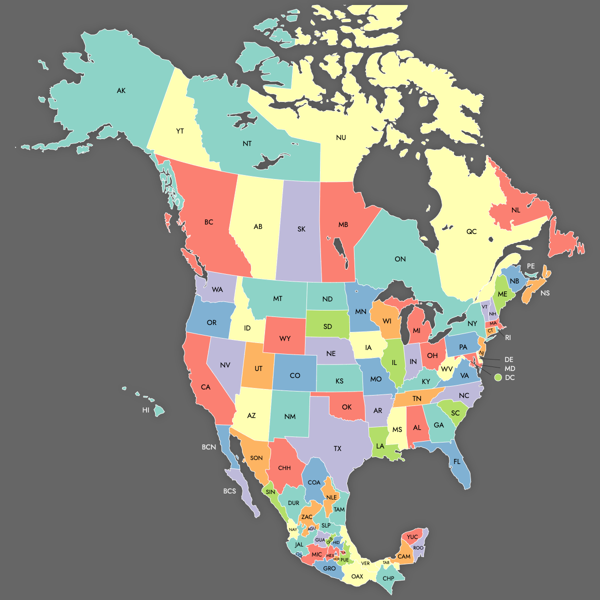 Custom Map of Canada, USA and Mexico with Labels (Dark Theme)