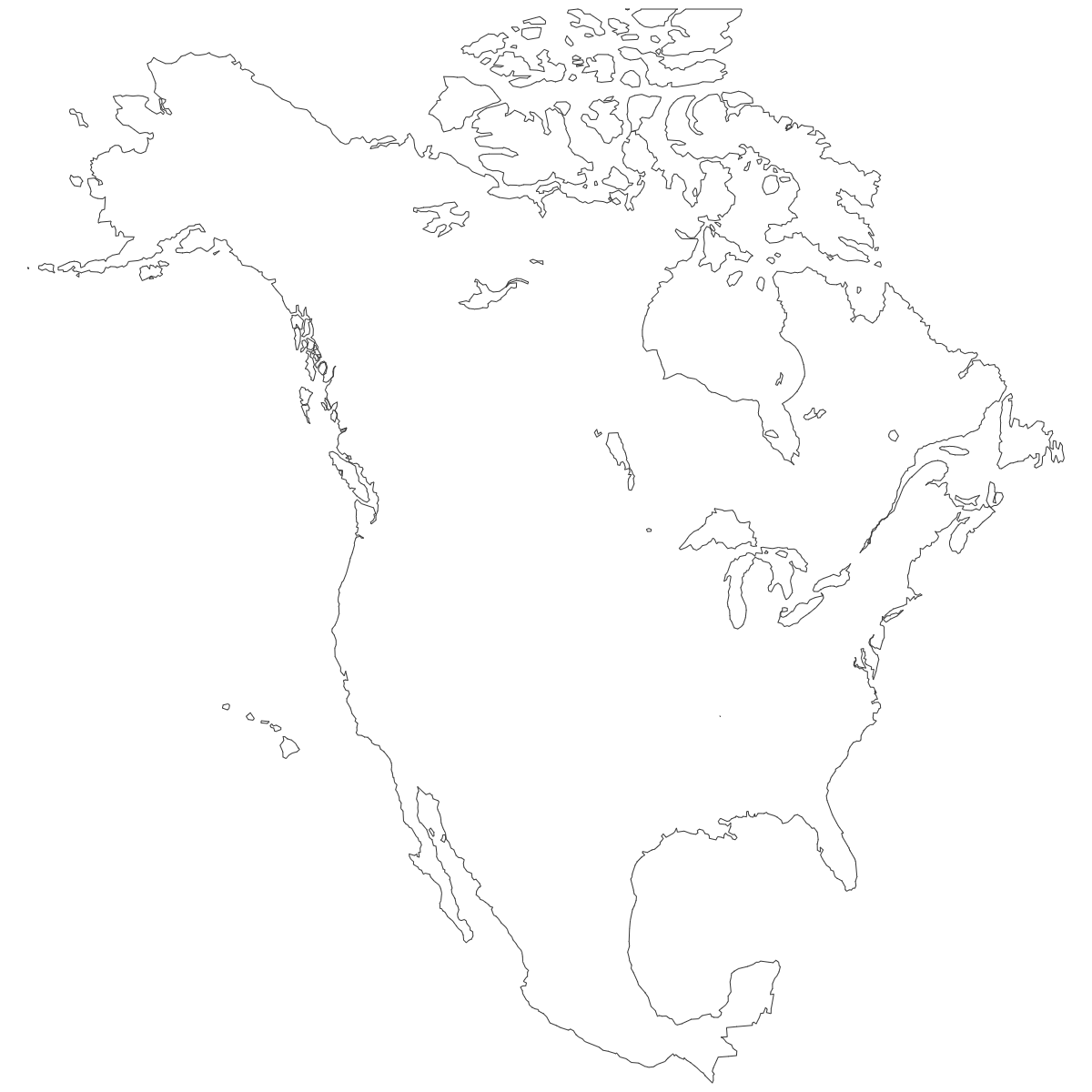 Outline Map of Canada, USA and Mexico