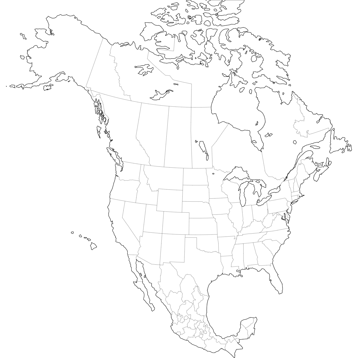Blank outline map of Canada, USA and Mexico showing state/province borders