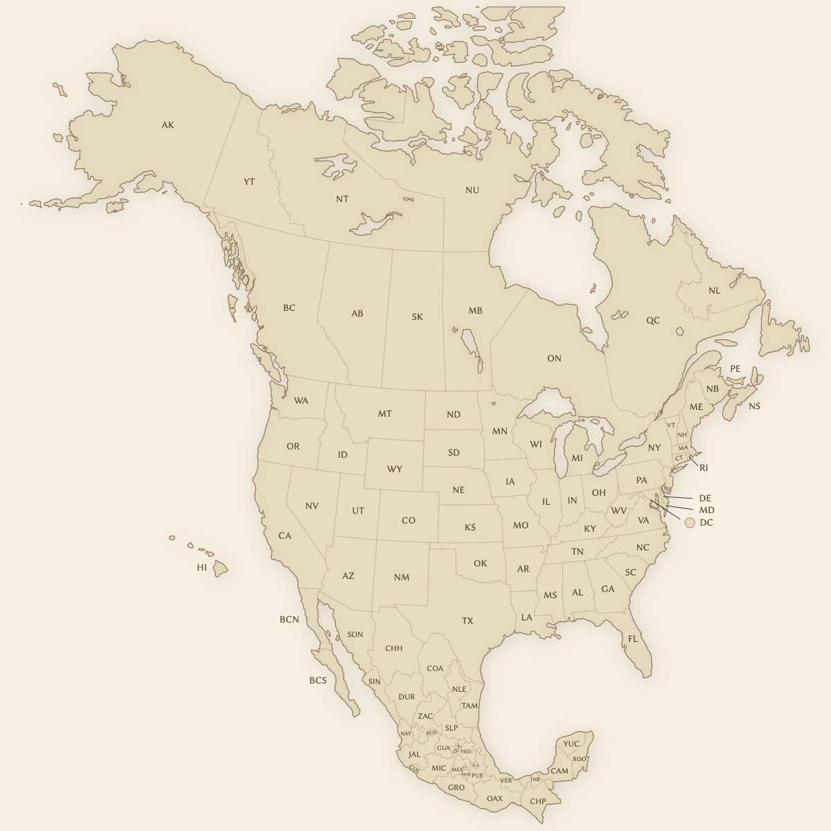 Styled Map of Canada, USA and Mexico (Vintage Theme)