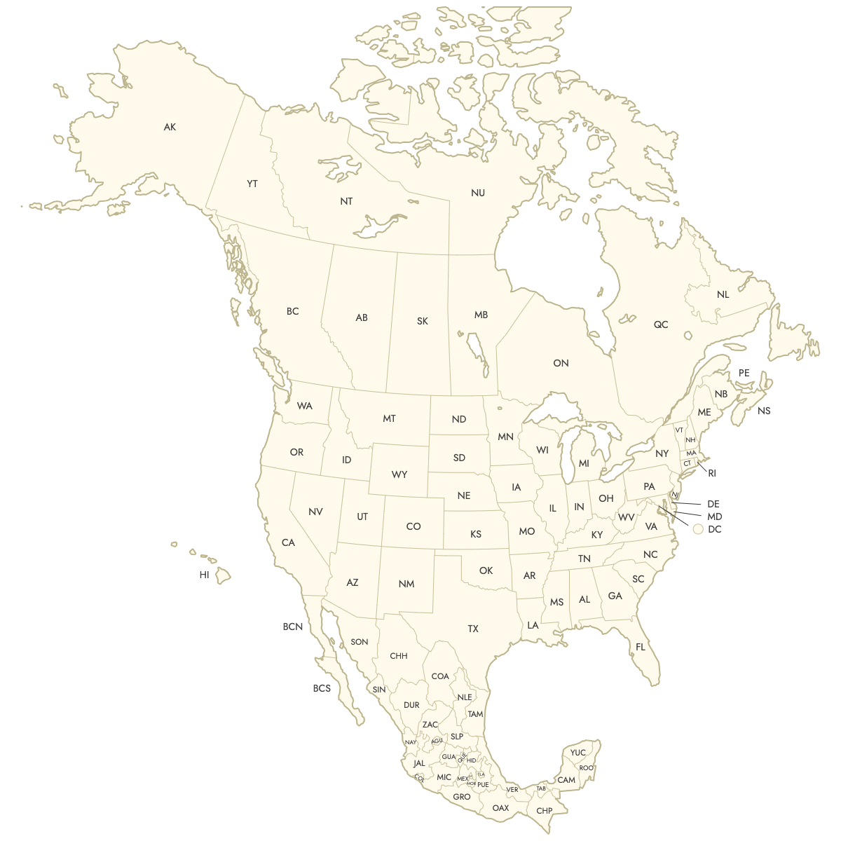 Unstyled Map of Canada, USA and Mexico With Labels