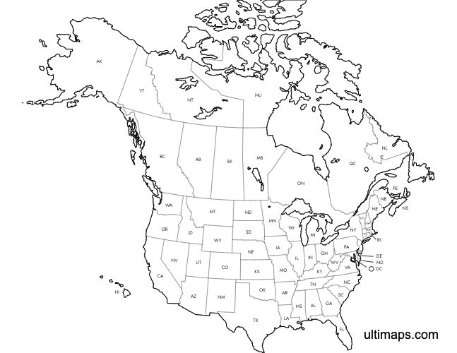 Preview of Labeled United States and Canada Map (A4)